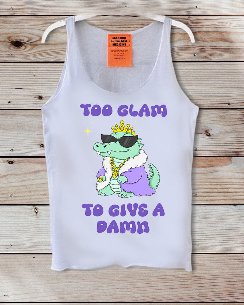 White tank top with a graphic design and text on a wooden background