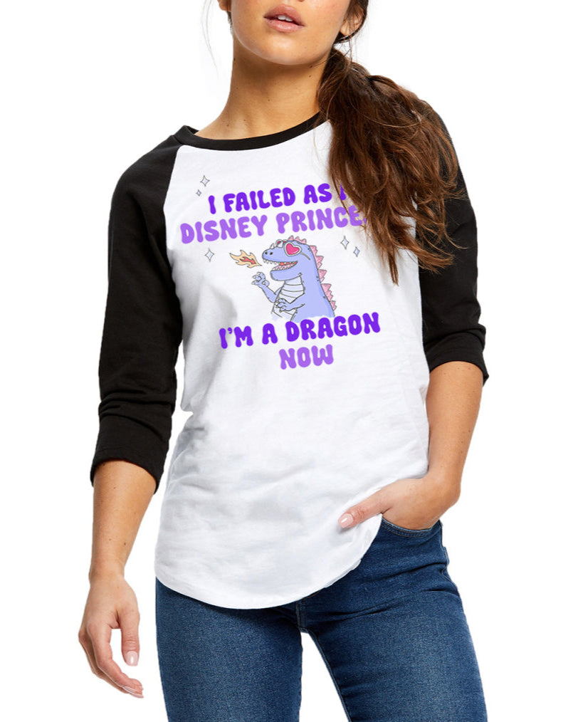 Person wearing a white and black baseball shirt with a dragon graphic and text.