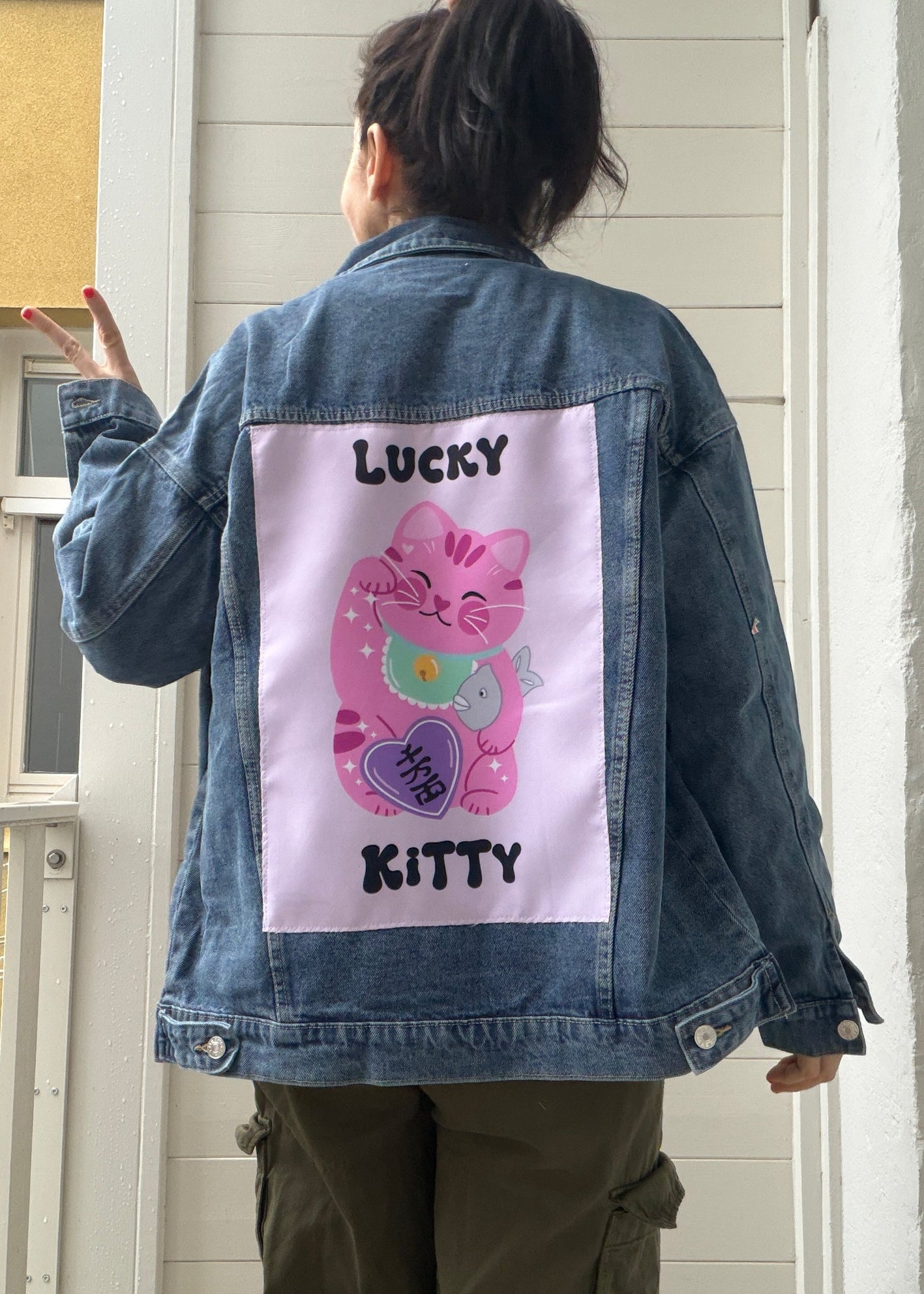 maneki-neko pink cat on denim jacket back patch