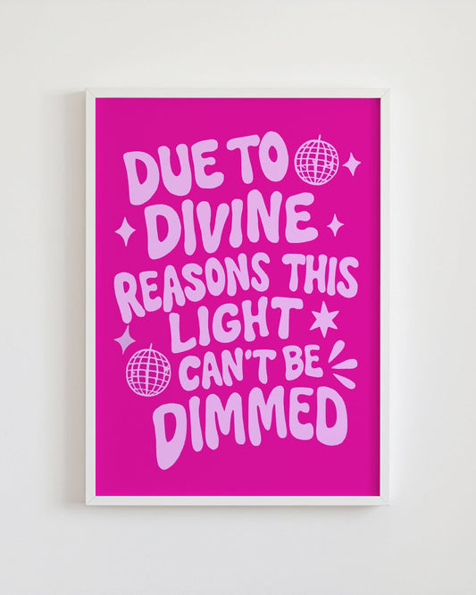 Framed poster with pink background and white text on a light gray background