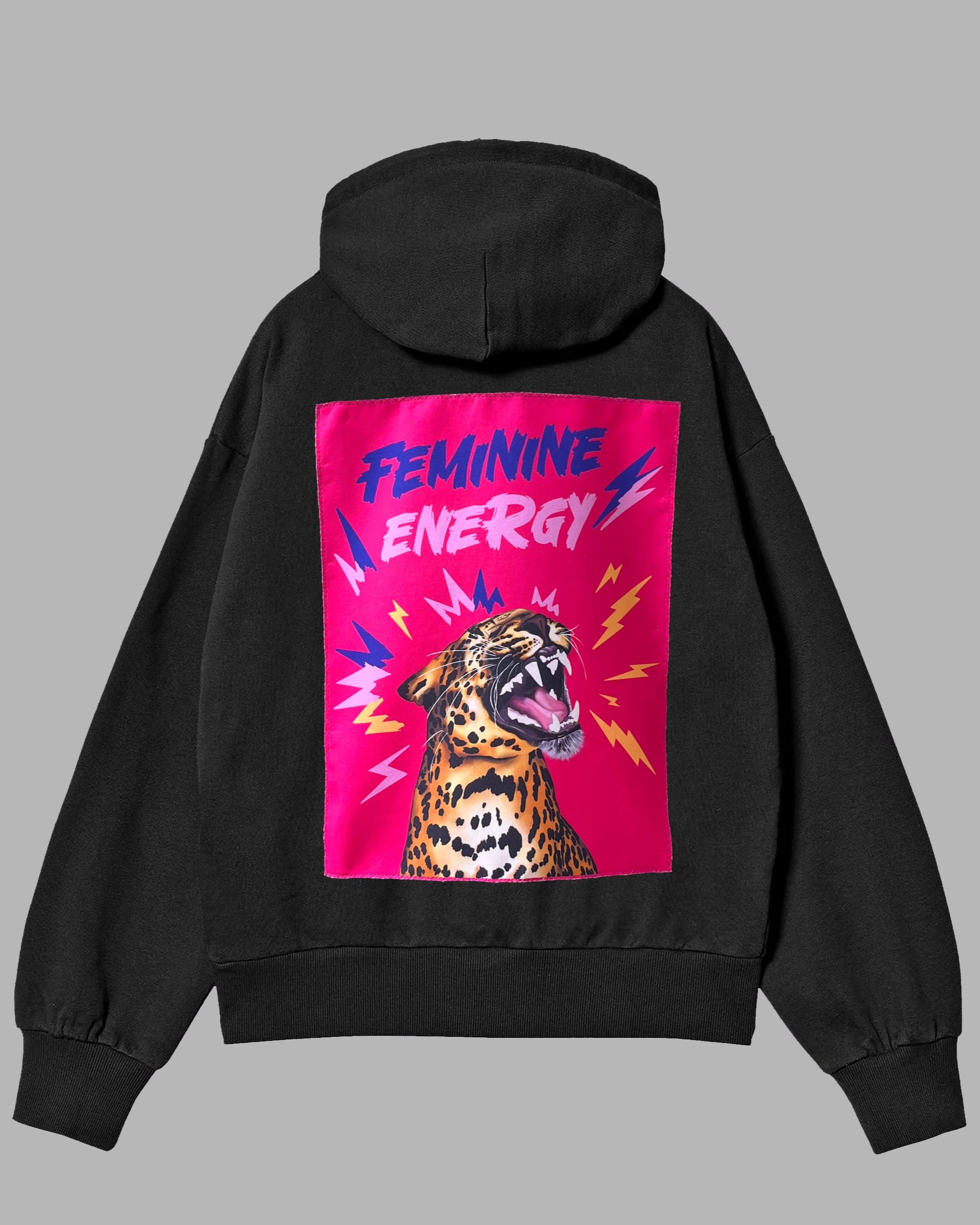 Black hoodie with a pink graphic of a tiger and 'Feminine Energy' text on the back against a gray background