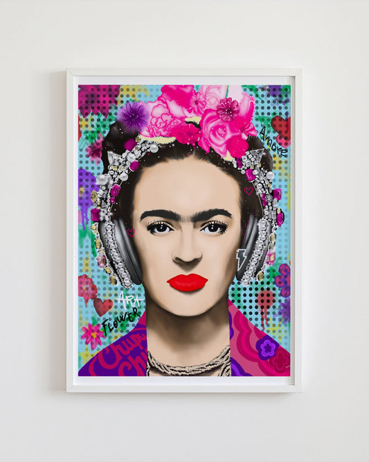 Framed artwork of a stylized portrait with colorful floral elements on a light gray background