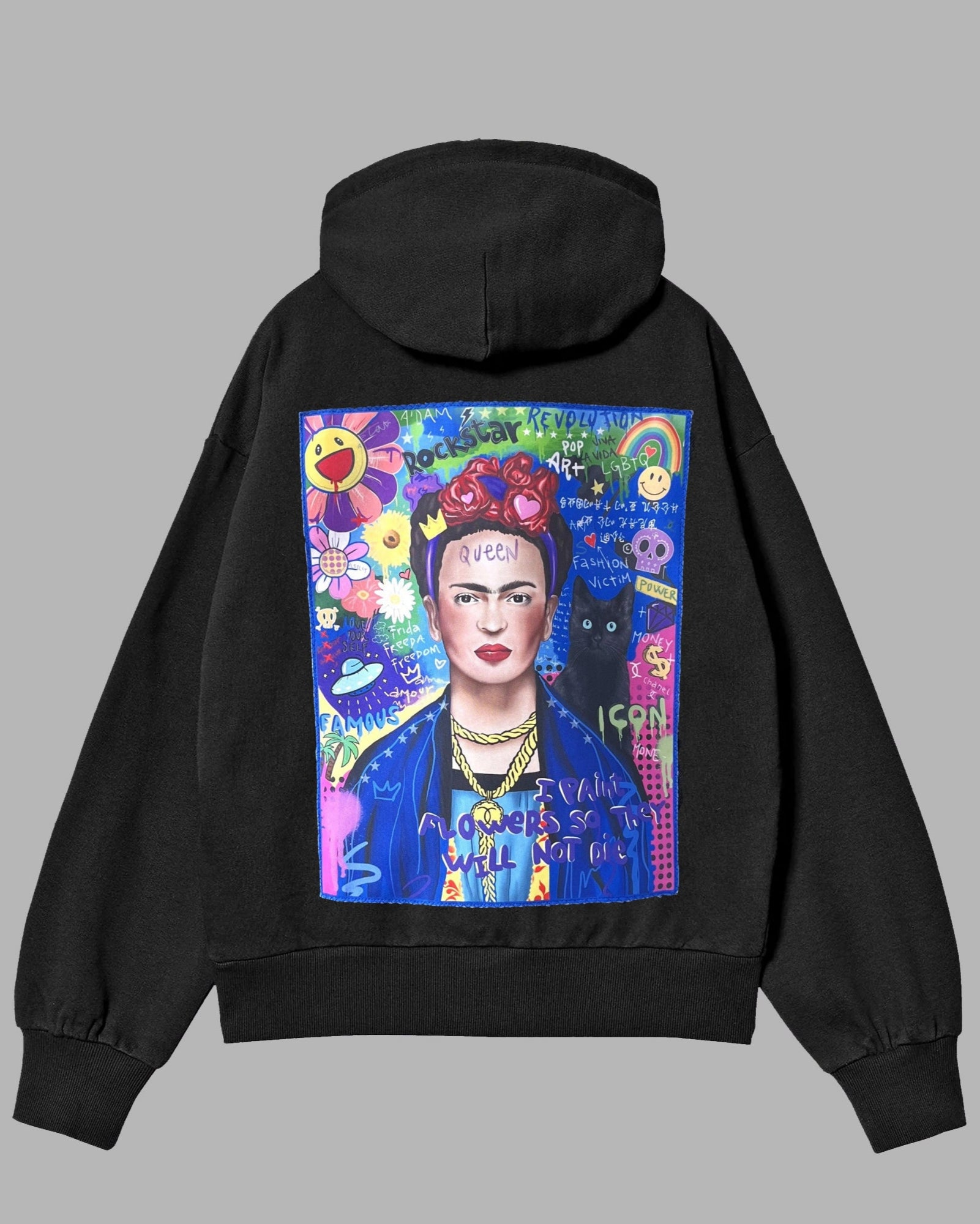 Black hoodie with a colorful graphic of a woman on the back against a gray background