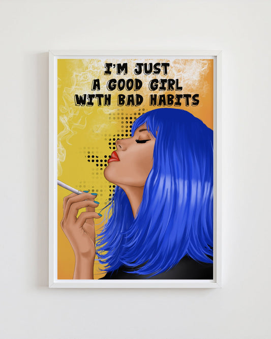 Framed artwork of a woman with blue hair holding a cigarette against a yellow background with text.