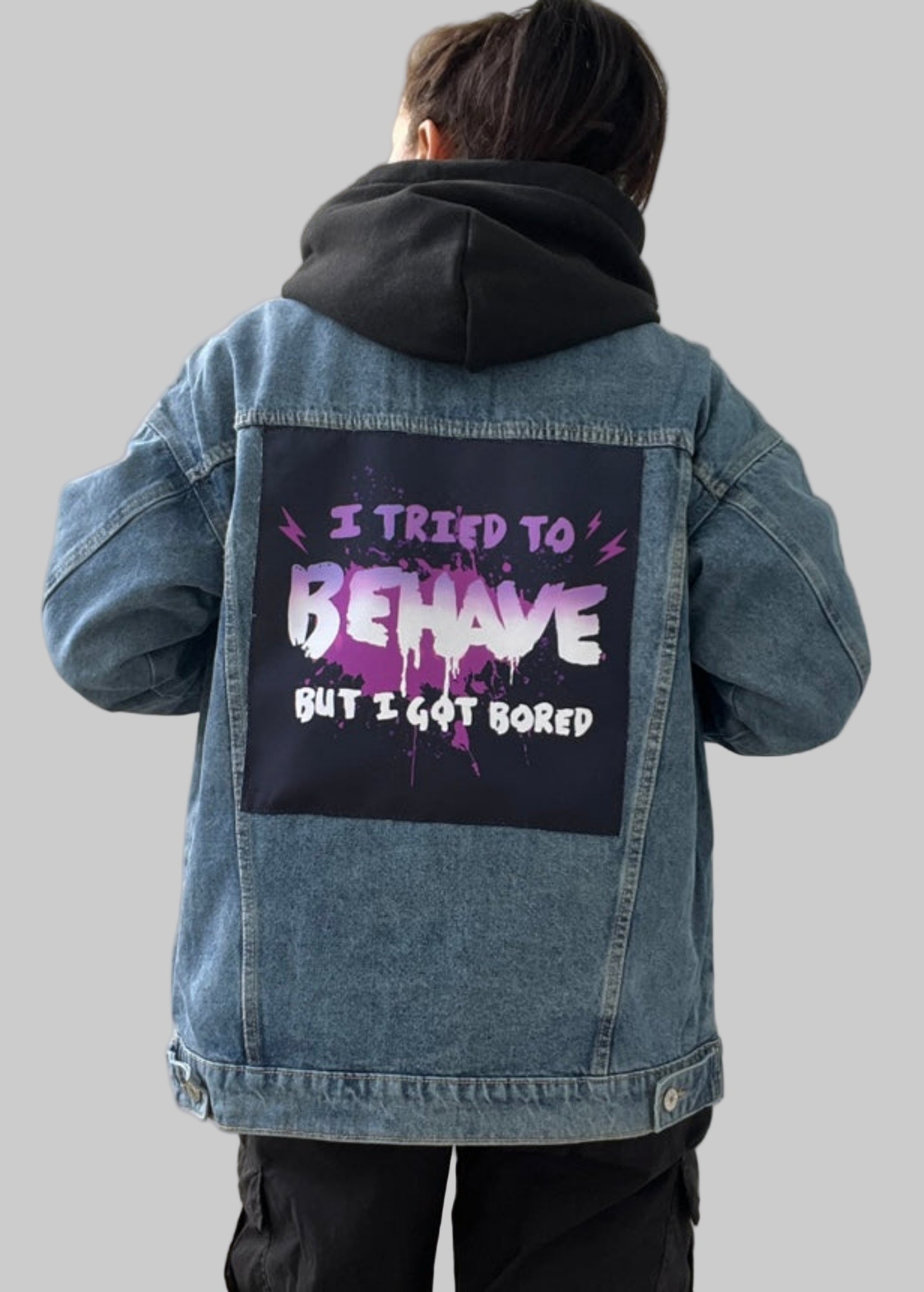 Streetwear denim jacket with colorful back patch design