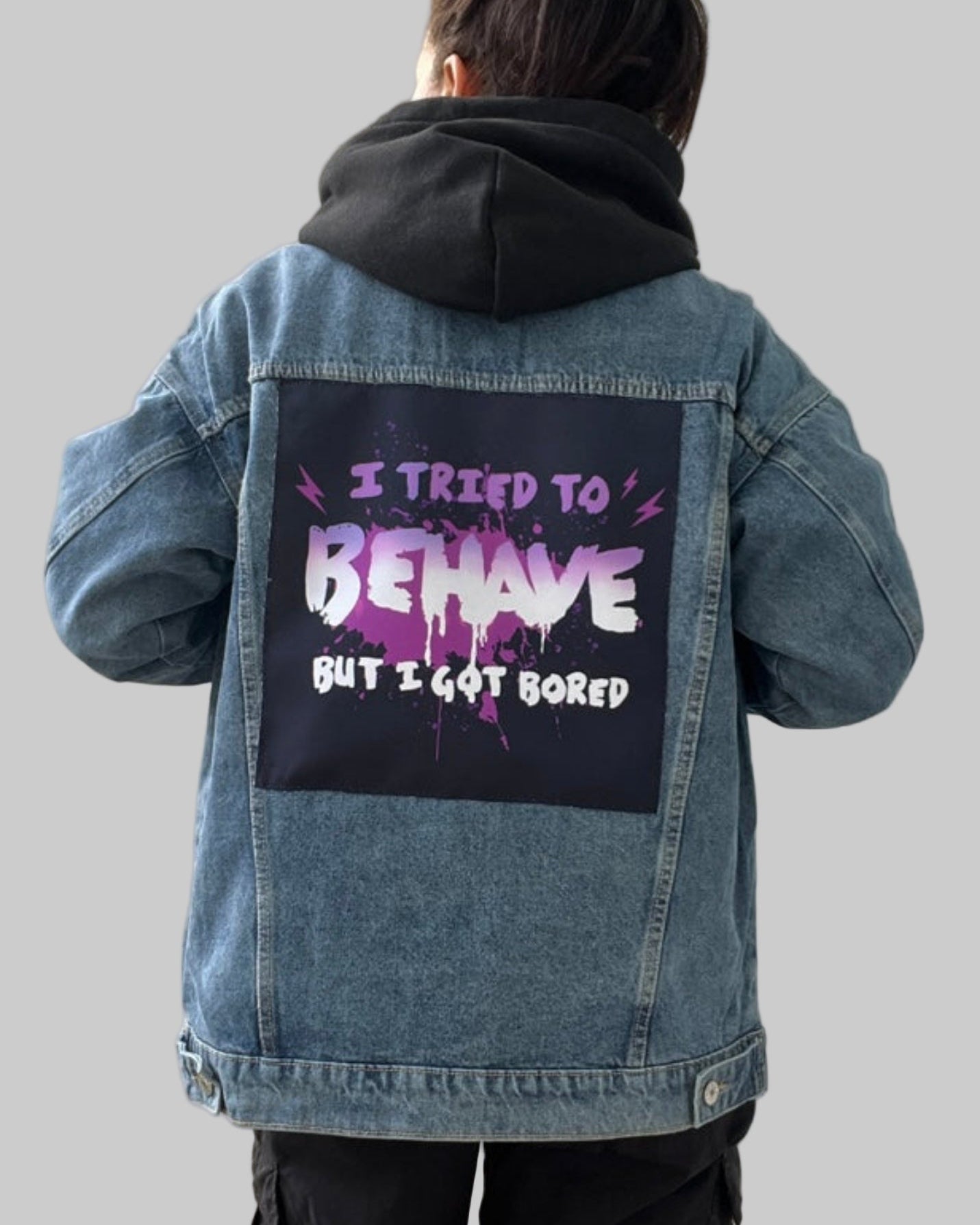 Streetwear denim jacket with colorful back patch design