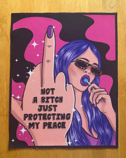 Illustration of a woman with purple hair and sunglasses, holding a hand with a middle finger, on a pink and black background.