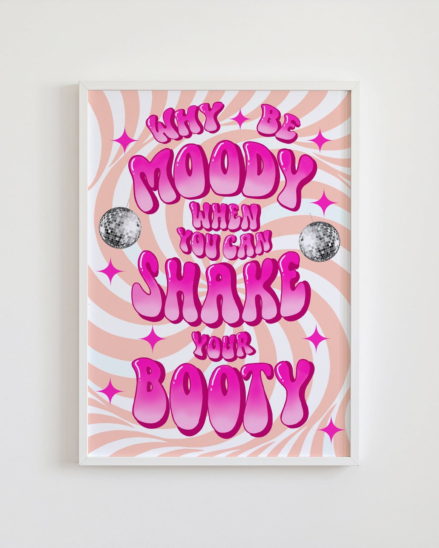 Framed artwork with pink text and decorative elements on a light background