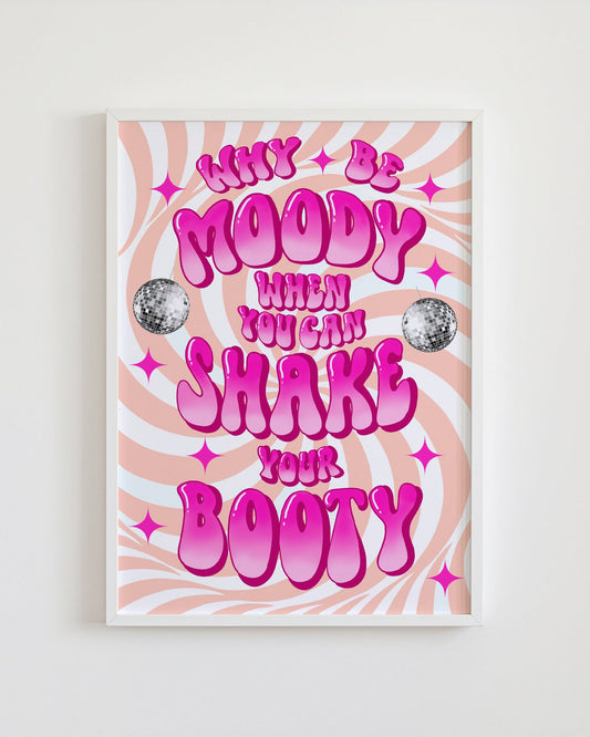 Framed artwork with pink text and decorative elements on a light background