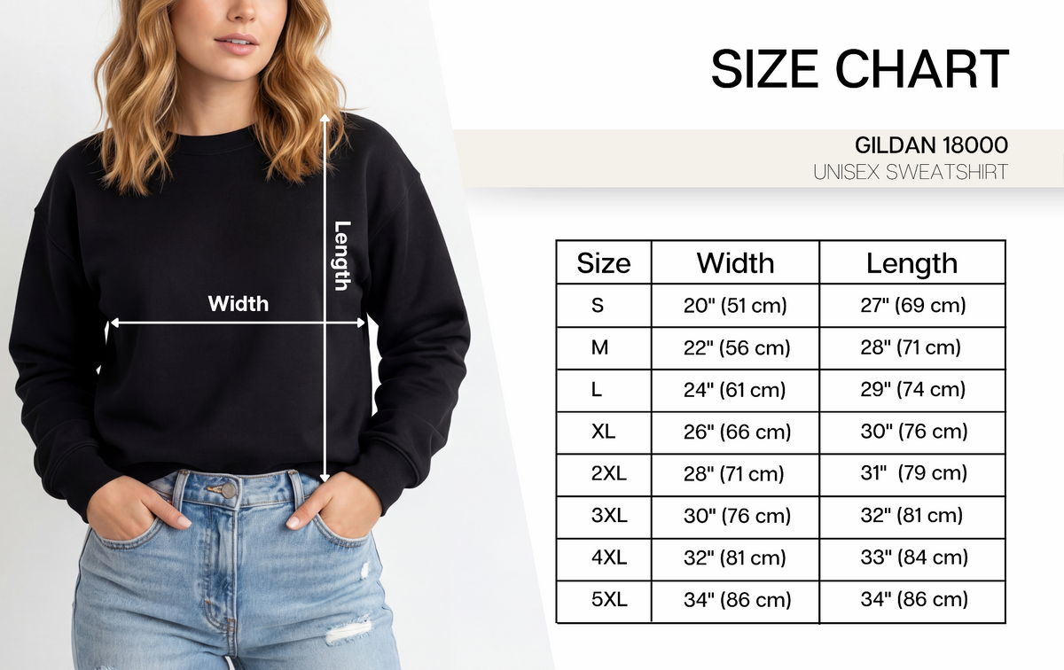 A size chart graphic for a Gildan 18000 unisex sweatshirt, showing a model wearing a black sweatshirt with arrows indicating width and length measurements, alongside a size table from S to 5XL with width and length measurements.