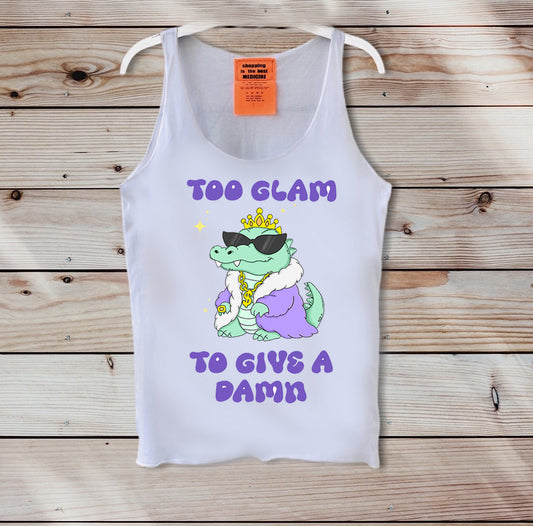 White tank top with a graphic design and text on a wooden background