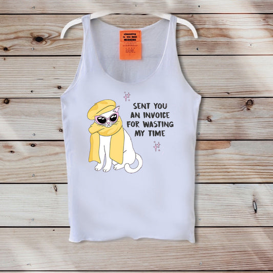 White tank top with cartoon character and text on a wooden background