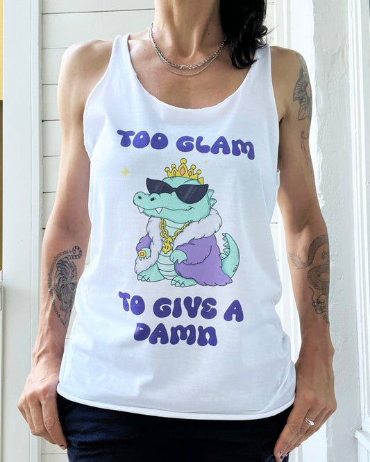 Person wearing a white tank top with a graphic design and text.
