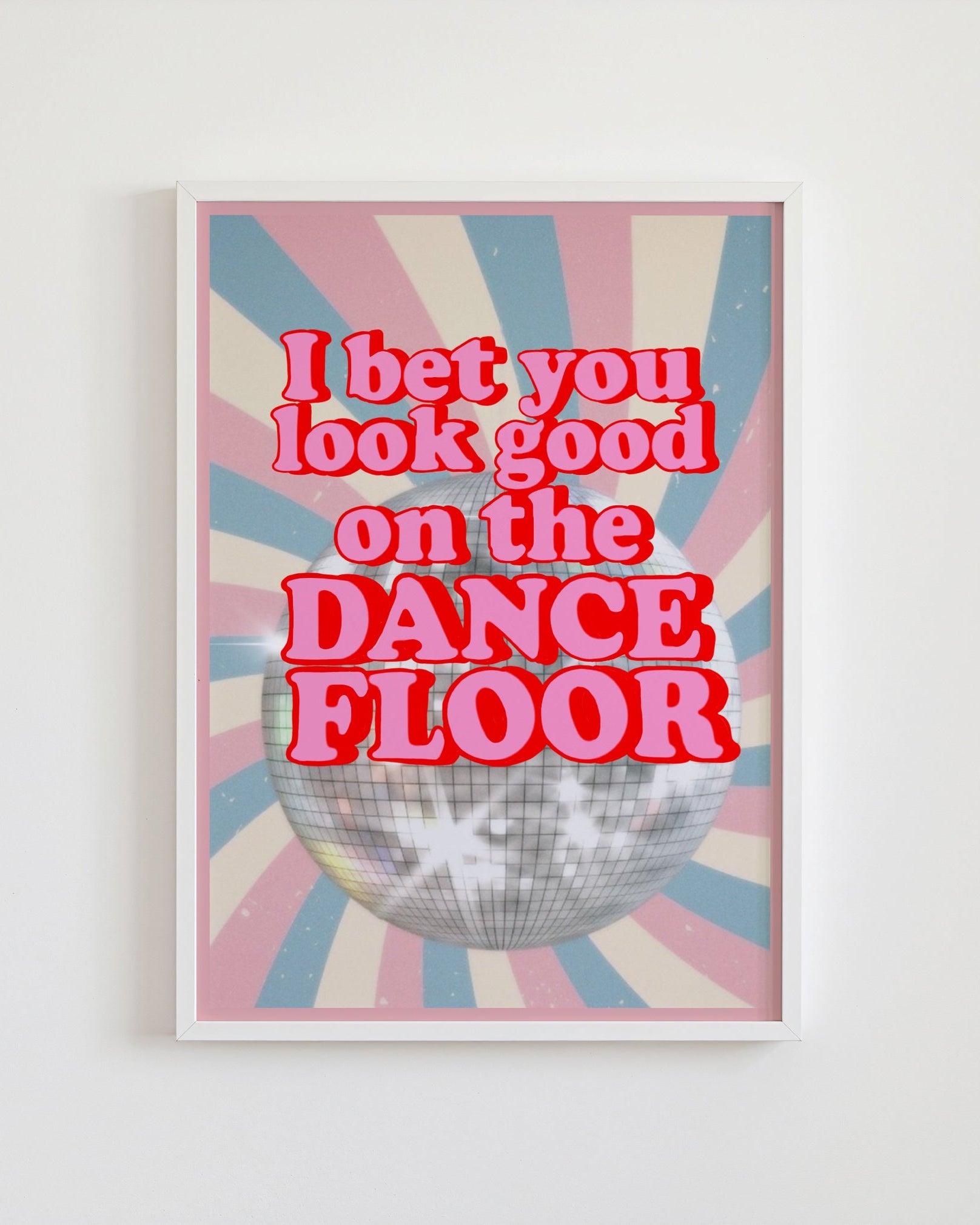 Framed artwork with a disco ball and text on a colorful background