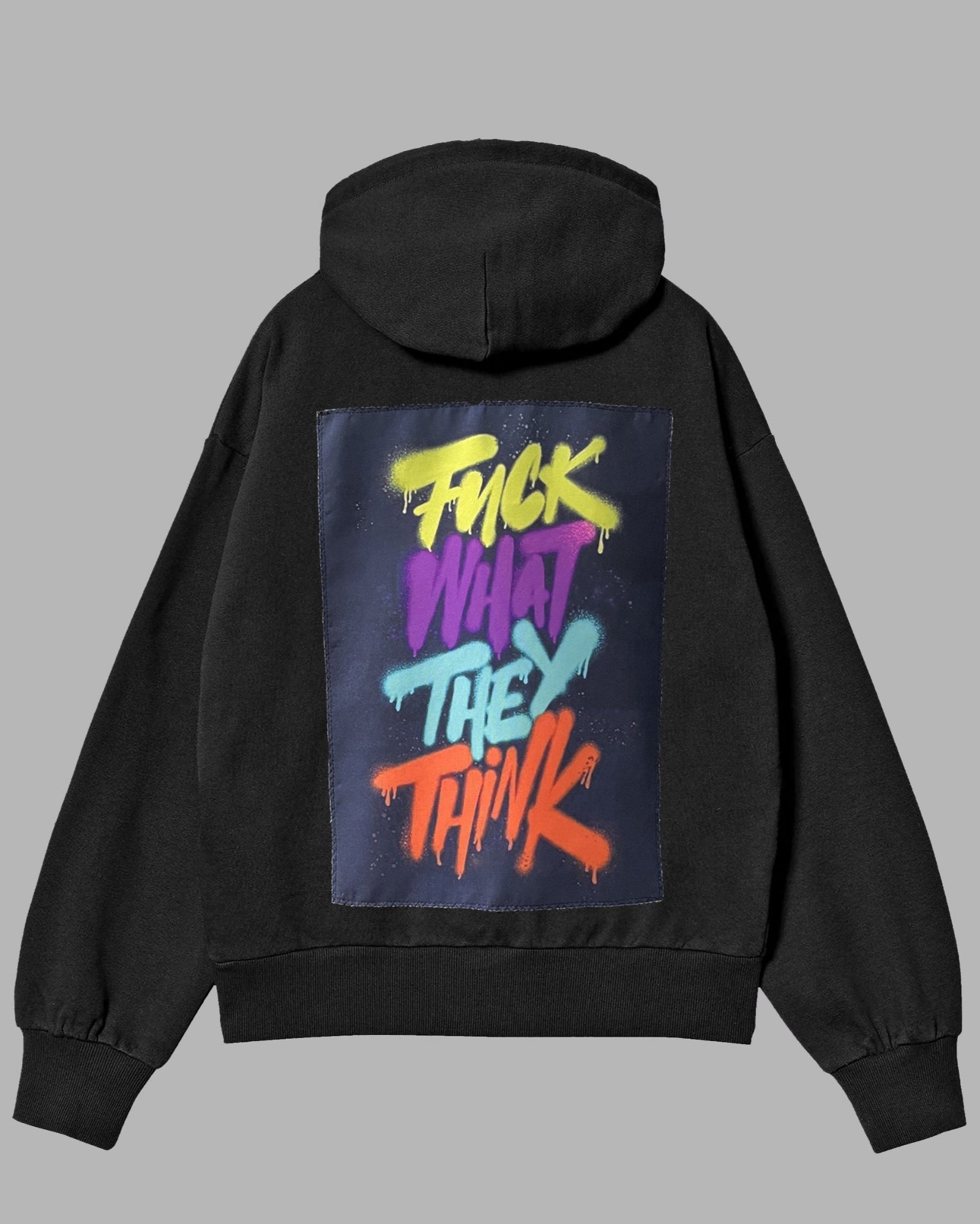 Black hoodie with colorful text on the back against a gray background