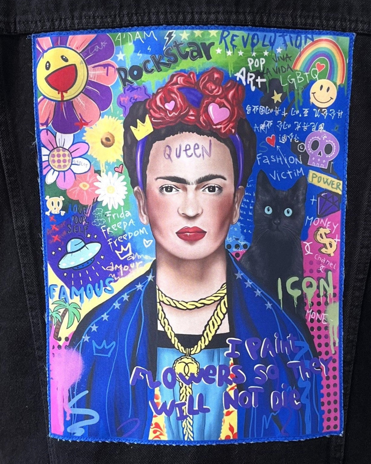 Colorful graphic of a stylized portrait with Frida Kahlo-like features, surrounded by various symbols and text on a black background.