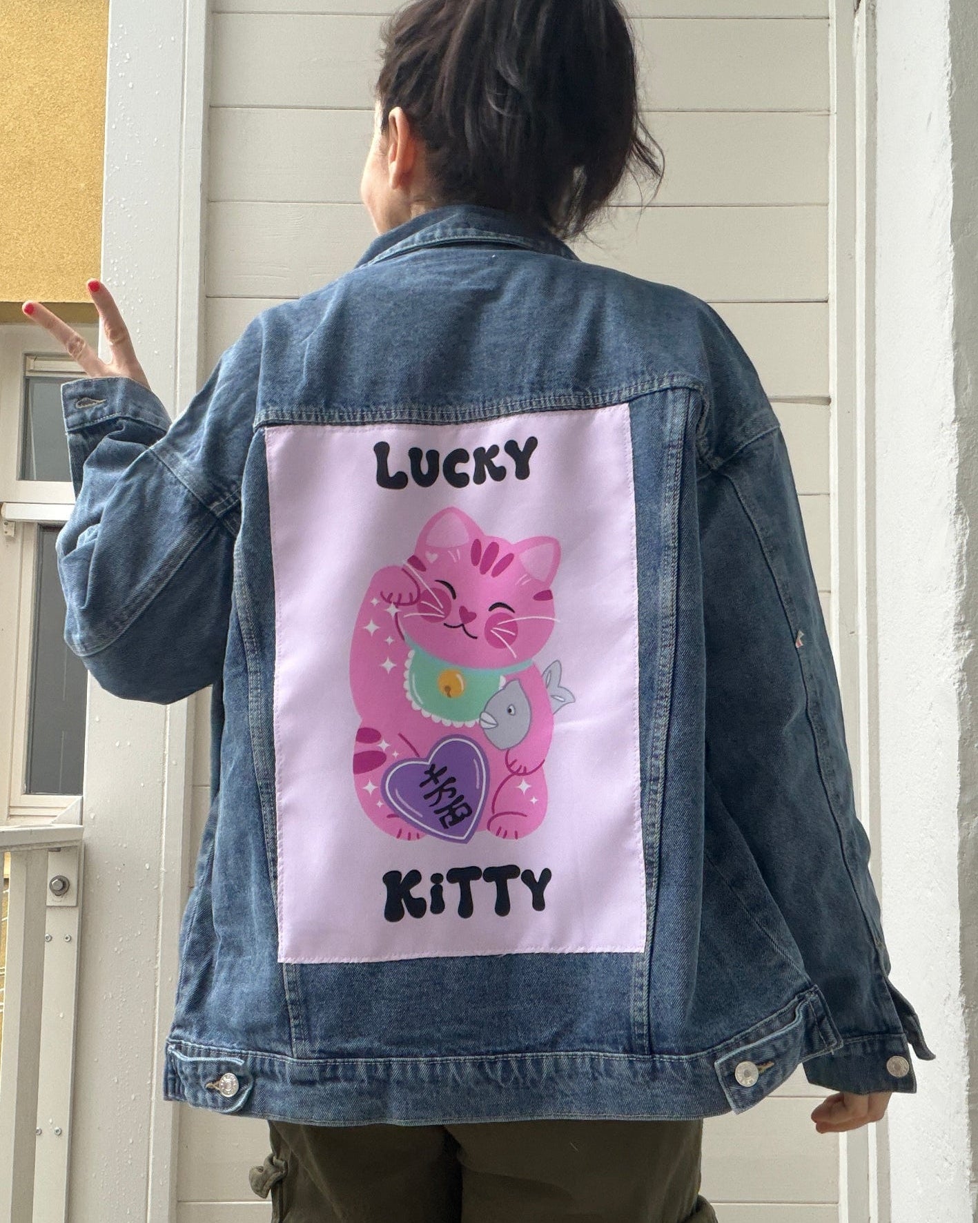 maneki-neko pink cat on denim jacket back patch