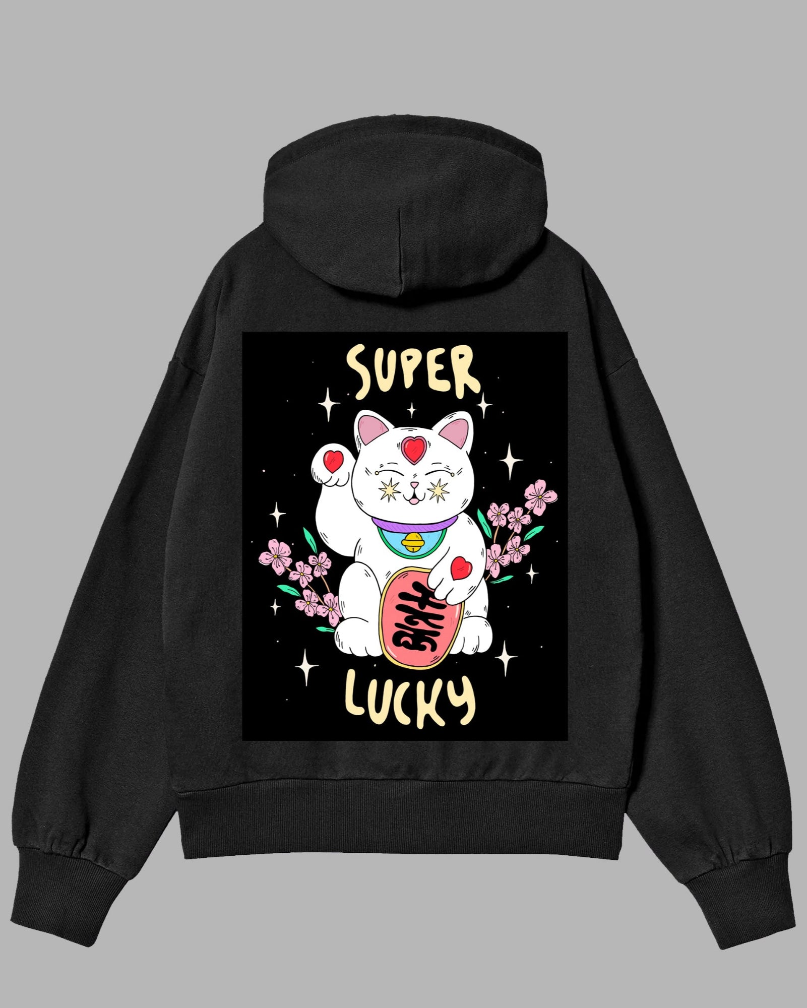 Black hoodie with a cartoon cat and 'Super Lucky' text on the back against a gray background