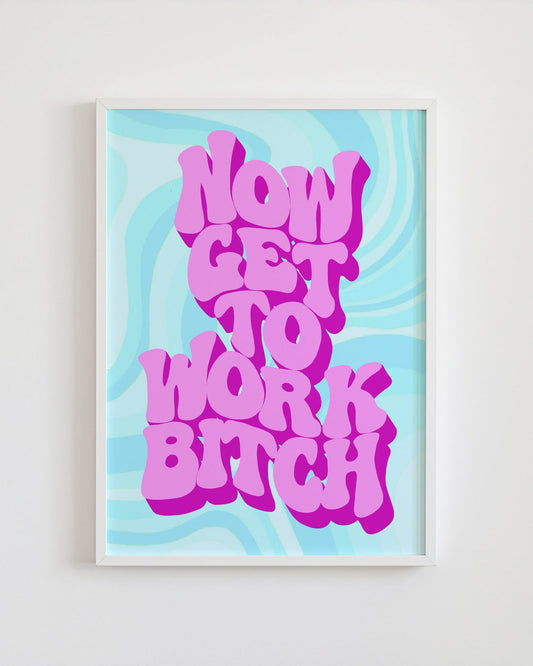 Framed artwork with pink text on a blue abstract background
