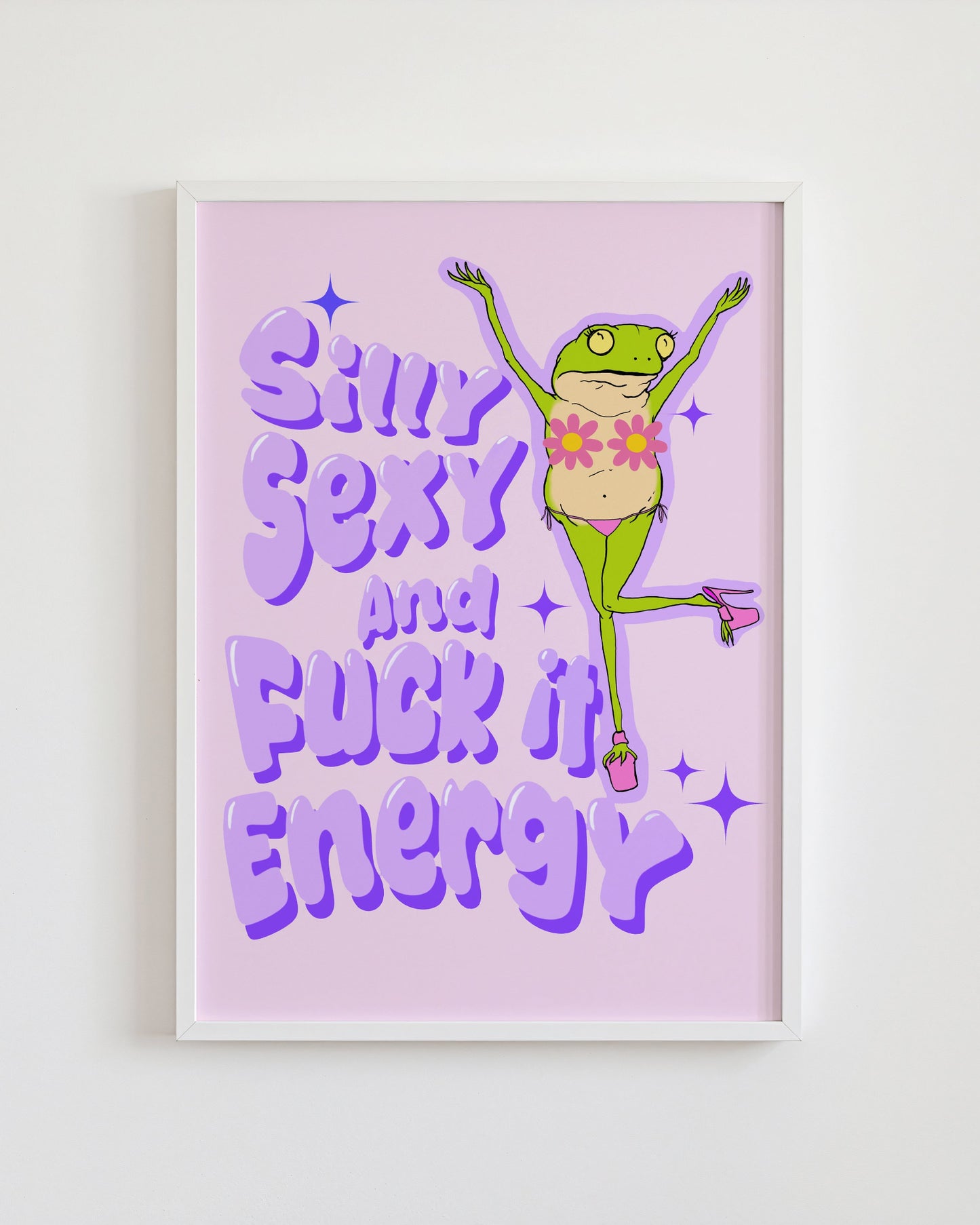 Framed artwork with a frog illustration and text on a light purple background