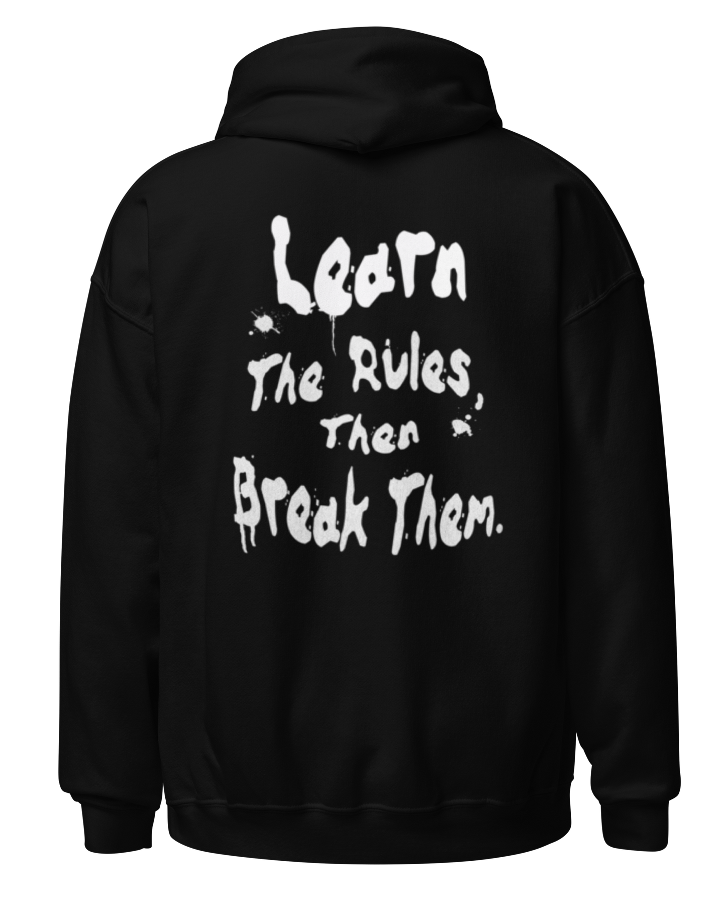 Black hoodie with white text on the back on a white background