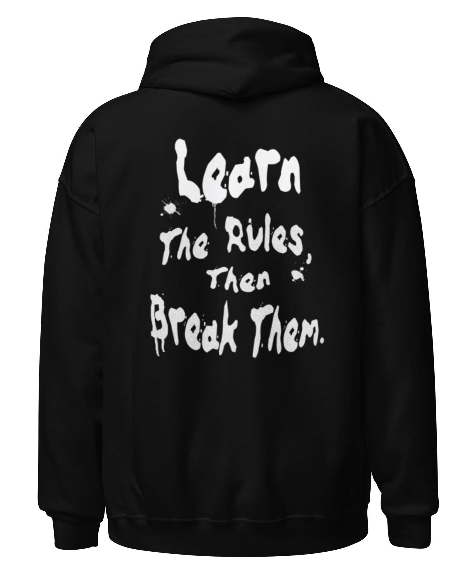Black hoodie with white text on the back on a white background