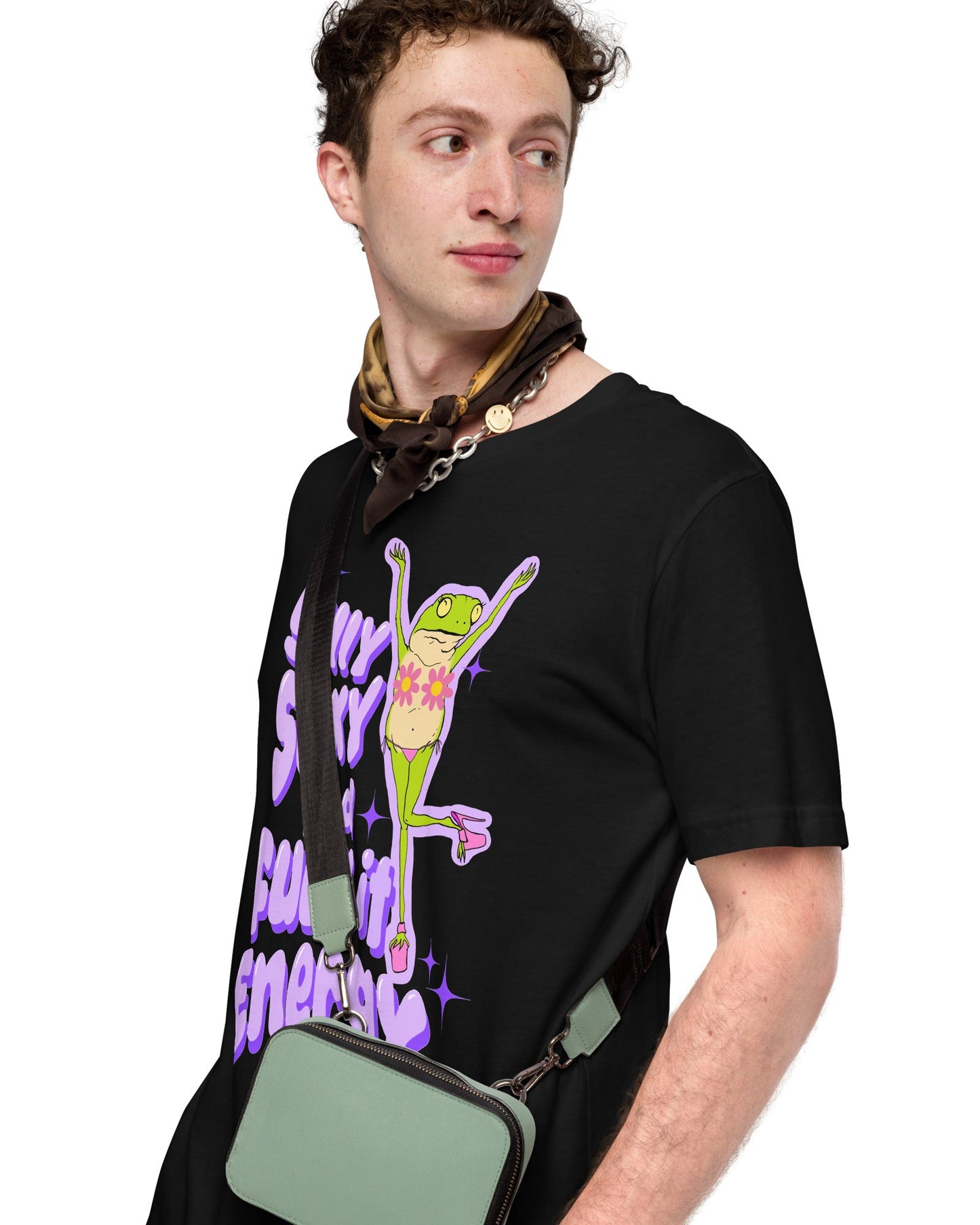 Person wearing a black t-shirt with a colorful graphic design on a white background